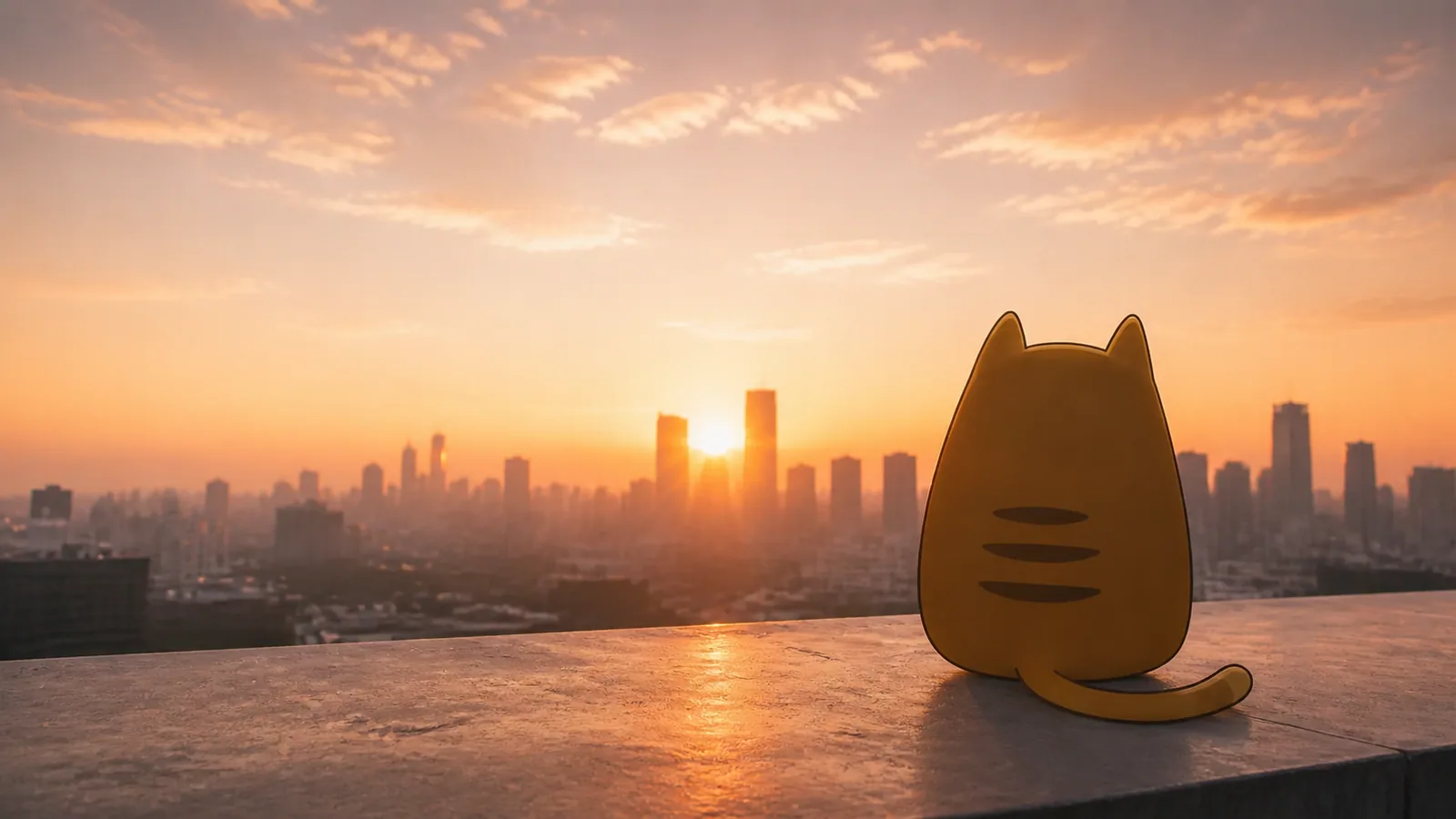 Sunrise Cat on a rooftop facing a city sunrise
