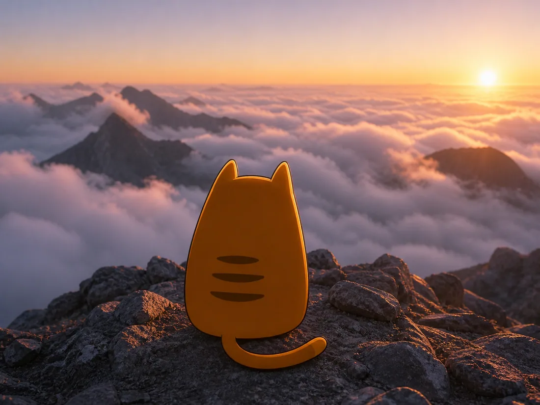 Sunrise Cat on a ridge above the clouds