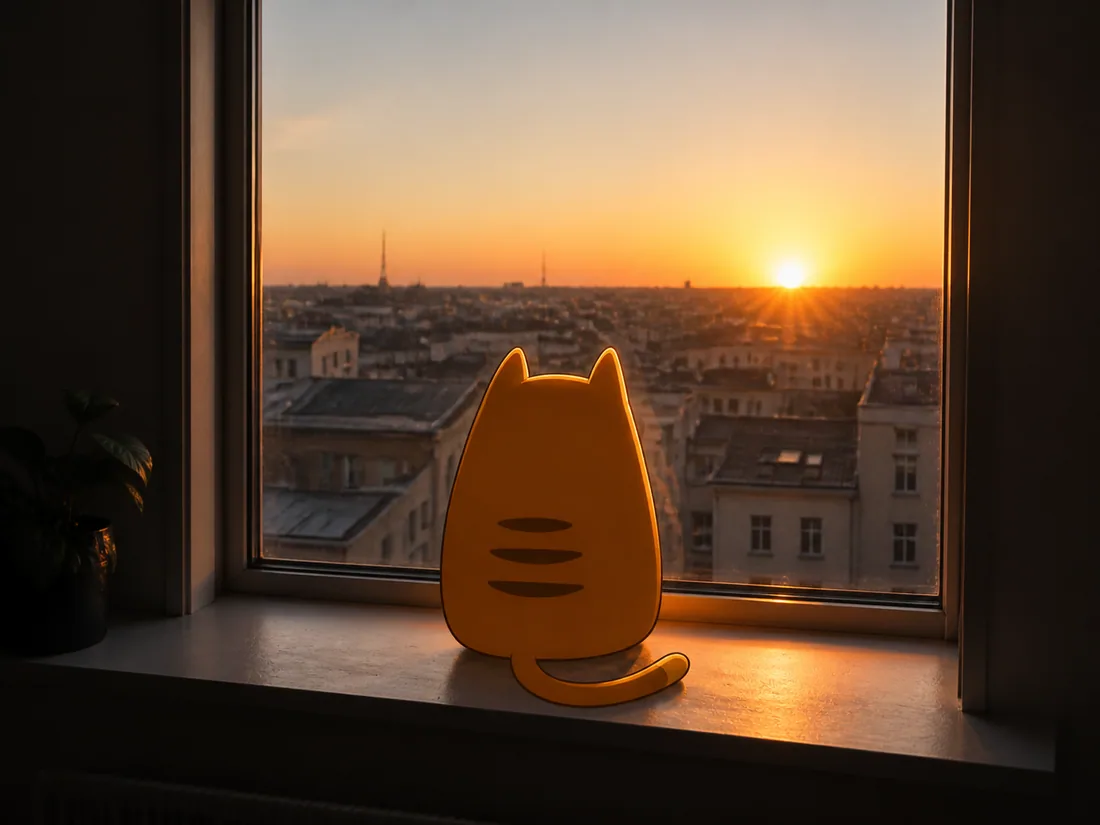 Sunrise Cat on a windowsill above the city